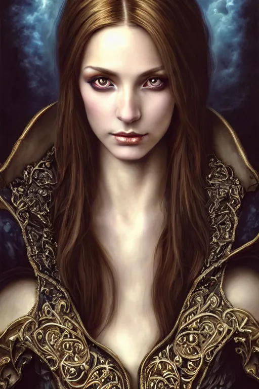 Image similar to high quality extremely detailed closeup portrait of a young attractive female necromancer looking away from the camera, dressed, realistic eyes, sparkle in eyes, no hands visible, baroque architecture in background, fantasy, d & d, intricate, painting by lucian freud and mark brooks, hd