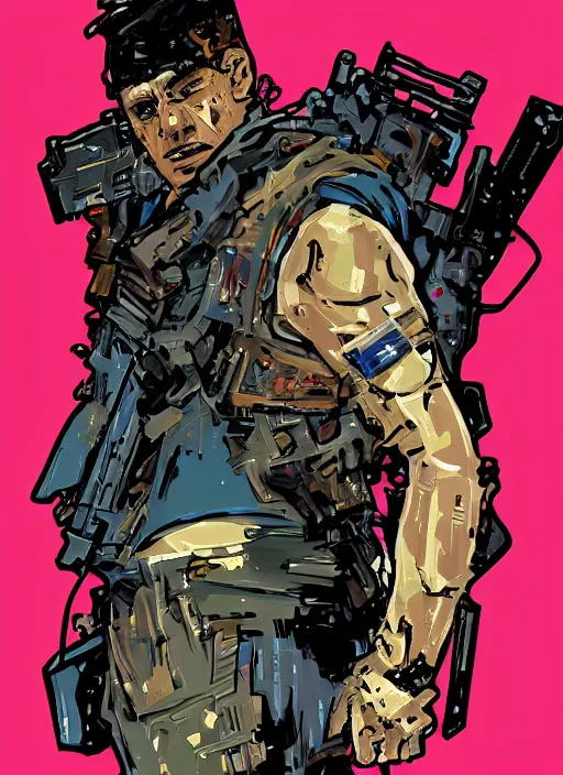 Image similar to hector. cyberpunk mercenary. portrait illustration, pop art, splash painting, art by ashley wood, alphonse mucha, laurie greasley and josan gonzales