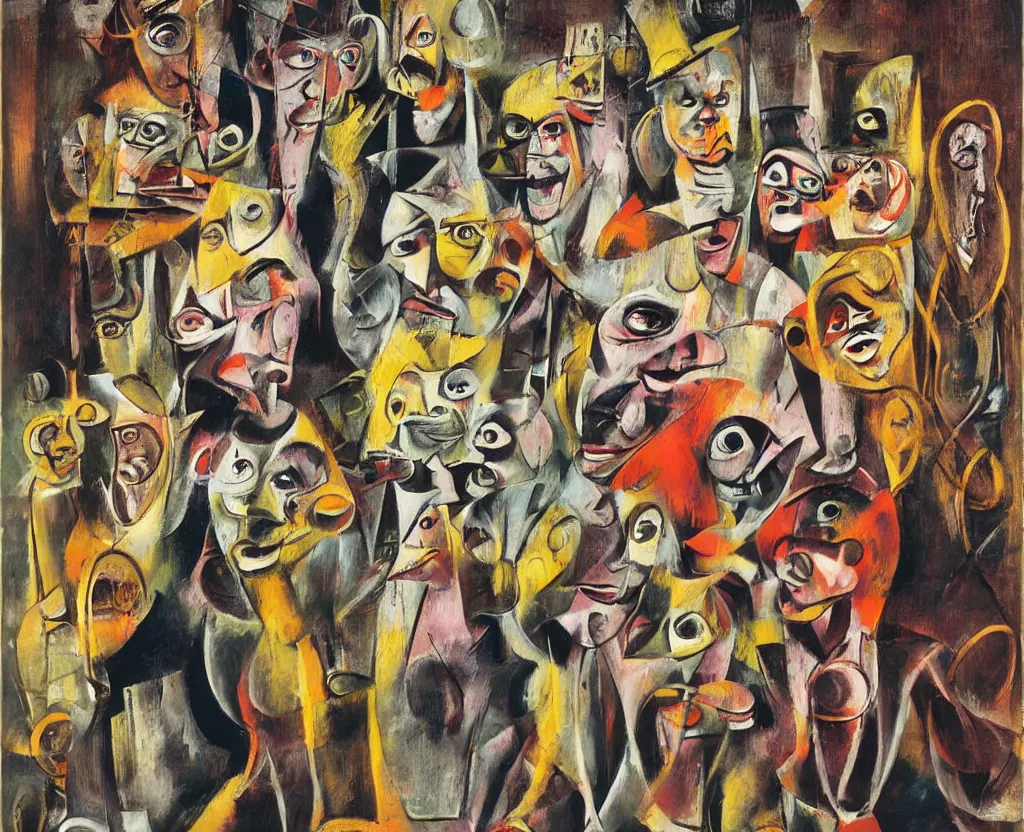 Prompt: a surreal painting of a group of masked clowns dancing through a glass and steel metropolis by francis bacon and georges braque, saturated color scheme