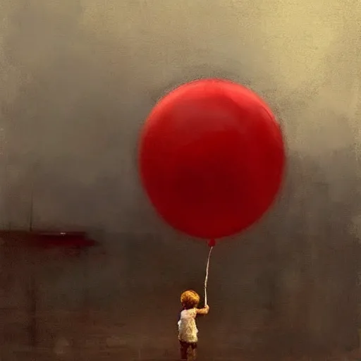 Image similar to lonely kid with a red balloon, gloomy, painting by jeremy mann