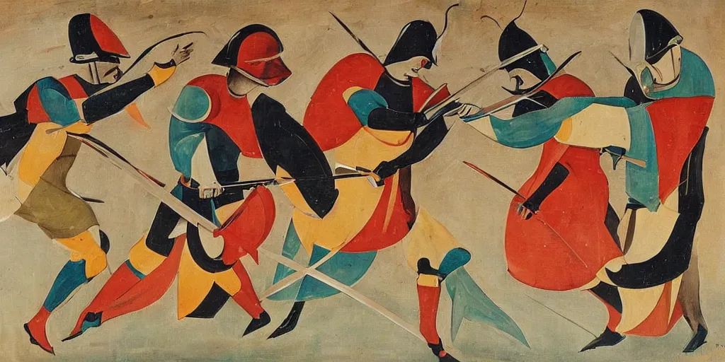 Image similar to italian futurism style painting of medieval knights dueling