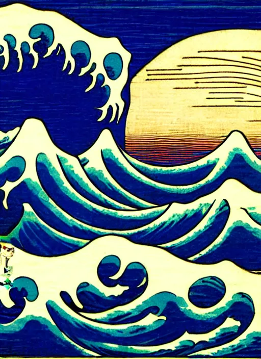 Image similar to a painting of waves in the ocean with mountains in the background, a woodcut by utagawa hiroshige ii, pixiv, ukiyoe, ukiyoe, vaporwave, woodcut