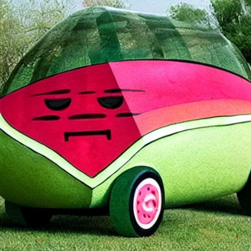 Prompt: a car in the shape of a watermelon