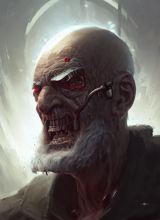 Prompt: evil old man cyborg by anna podedworna, bayard wu, greg rutkowski