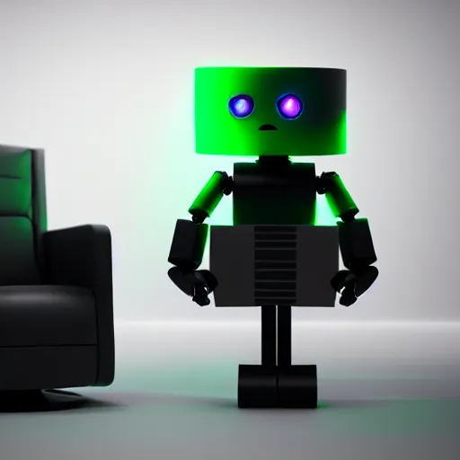 Image similar to futuristic lonely matte dark gray and glossy translucent green full-body humanoid robot with huge expressive comically sad LED eyes and open rectangular mouth sitting on a large comfortable cushioned vintage recliner reading a hardbound leather book. Cinematic Lighting, Cinematic Movie Photograph, Arri Alexa, Extremely Detailed, smooth, very very clean, simple, 8K, octane render, maya render, unreal engine, trending on artstation, DSLR, excellent composition, moody