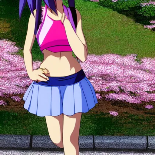 Prompt: Sakura from Naruto wearing a tank top and short leggings, anime.