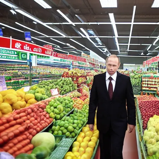 Image similar to Vladimir Putin Super Market, 8k, journalistic photo