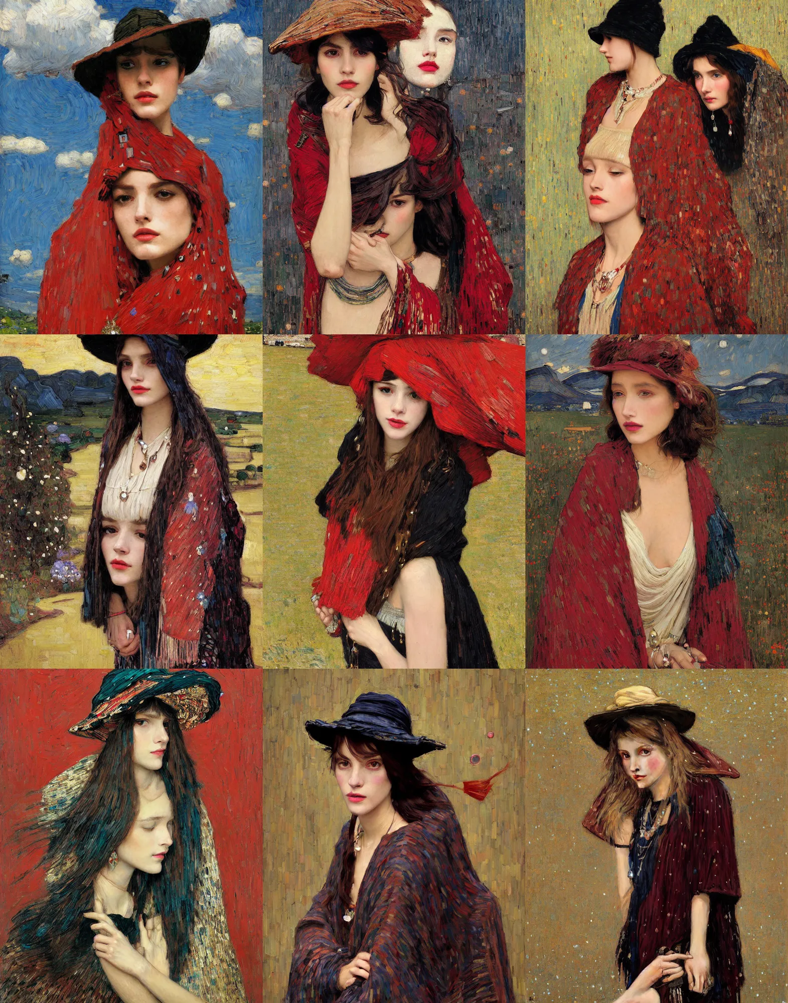 Prompt: portrait of fashionable young woman wearing rich jewerly hat and boho poncho at night, red light, dark make up on her face, sitting dynamic pose, Low poly, thunder clouds in the sky, artwork by john william waterhouse and Denis Sarazhin and klimt and rhads and van gogh and Dean Ellis and Detmold Charles Maurice, levitation, industrial rusty pipes, simple form, brutal shapes
