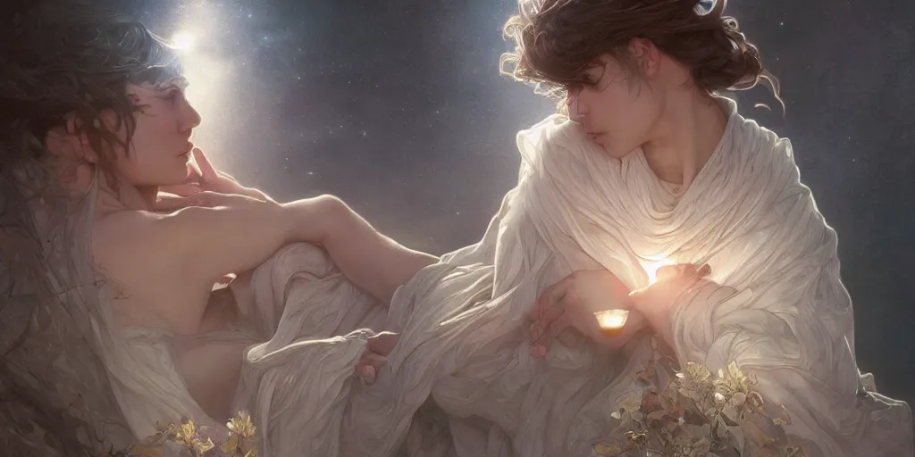 Prompt: broken heart in silence, masterpiece, cinematic, powerful, moon beams dramatic light, highly, intricate elements, hollow souls, detailed, digital painting, artstation, concept art, sharp focus, contrasty, illustration, art by artgerm and greg rutkowski and alphonse mucha, mitch foust, elaborate composition, intricate story