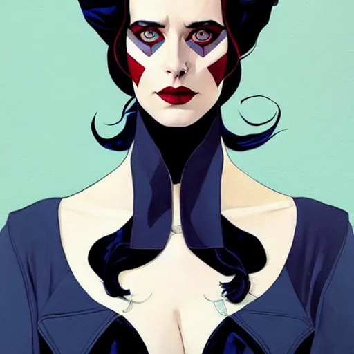 Image similar to Joshua Middleton comic art, wide shot, stunning elegant female Eva Green, Indigo Magician, beautiful evil sneer, symmetrical face, symmetrical eyes, leather clothing and boots, long straight red hair, full body, Indigo occult pattern