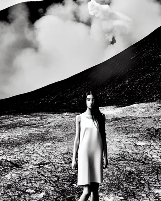 Prompt: high fashion photography of an elegant chic young woman model with cropped bangs and long straight hair, she is wearing a minimalist simple dress, intense expression, at the edge of an active volcano caldera spewing magma, by Steven Meisel and Chris Cunningham