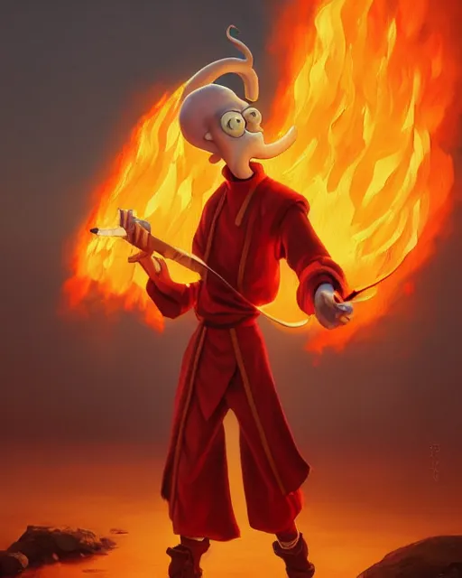 Image similar to squidward wearing fire nation clothing and practicing firebendingoutside at susnset, oil painting, highly detailed, intricate, hd, sharp focus, photorealistic, by moebius and greg rutkowski, trending on artstation, trending on cgsociety, realistic shading and lighting