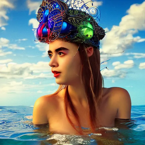 Image similar to kawaii puerto rican goddess swimming in the ocean wearing a bespoke headdress designed by emma yeo made of circuitry, inspired by cameron gray, wlop, stanley kubrick, masamune, unique perspective, photorealistic, intricate foreground, dof, trending on artstation, 3 d render, vivid