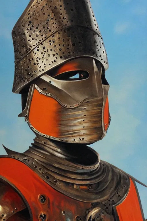 Prompt: hyperrealism oil painting, close-up portrait of medieval euopean fashion model, knight, steel gradient mixed with fire sky, in style of baroque mixed with 70s japan book art