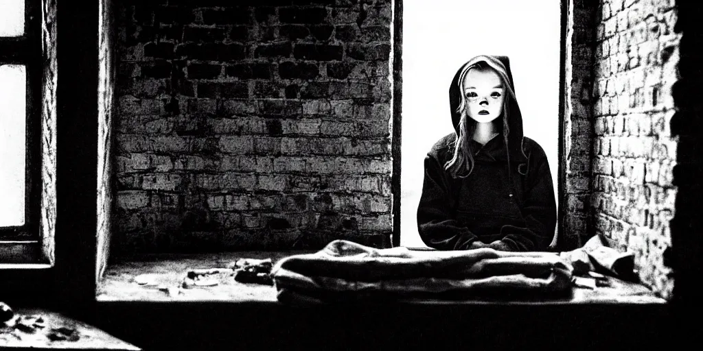 Prompt: night scene, sadie sink in hoodie sits on windowsill, knees tucked in, rain, old brick wall, propaganda posters : grainy b & w 1 6 mm film, 2 5 mm lens, single long shot from schindler's list by steven spielberg. cyberpunk, steampunk. cinematic atmosphere and composition, detailed face, perfect anatomy