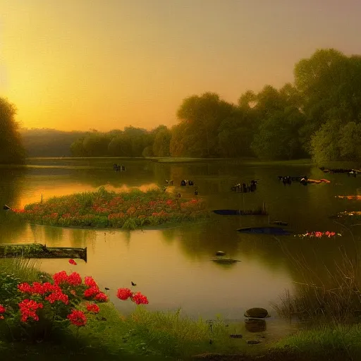 Image similar to a painting of a duck pond at sunset, surrounded by flower bushes, a detailed matte painting by Michael James Smith, deviantart, hudson river school, terragen, trending on artstation