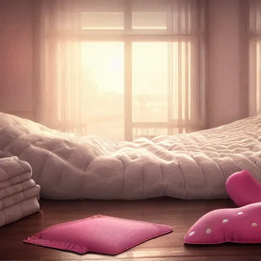 Prompt: a comfortable bed with big pillows and hello kitty blankets, realistic, 8 k, extremely detailed, cgi, trending on artstation, hyper - realistic render, 4 k hd wallpaper, premium prints available, by greg rutkowski