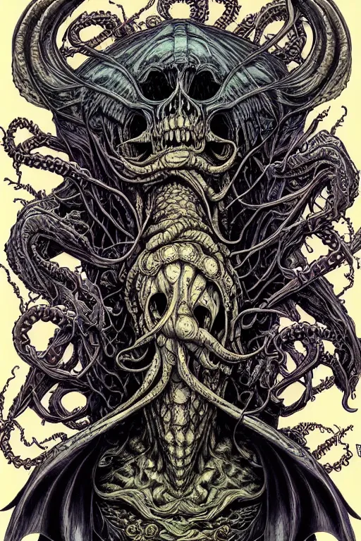 Image similar to portrait of crazy cthulhu skeletor, symmetrical, by yoichi hatakenaka, masamune shirow, josan gonzales and dan mumford, ayami kojima, takato yamamoto, barclay shaw, karol bak, yukito kishiro