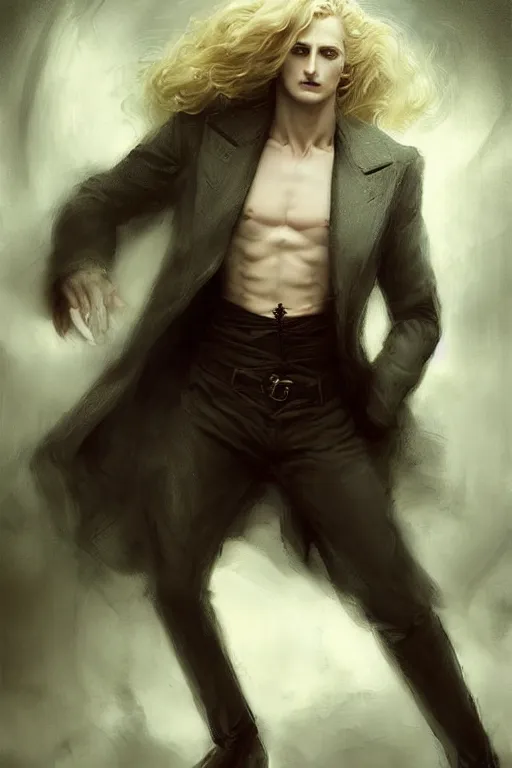 Image similar to johan liebert mixed with alucard picture by Greg Rutkowski, long fluffy blond curly hair, baroque curls, dynamic pose, matte painting, intricate, z brush, fantasy concept art, elegant, with a pot belly, by Stanley Artgerm Lau, WLOP, golden ratio, thomas kindkade, alphonse mucha, loish, Peter chung, norman Rockwell,