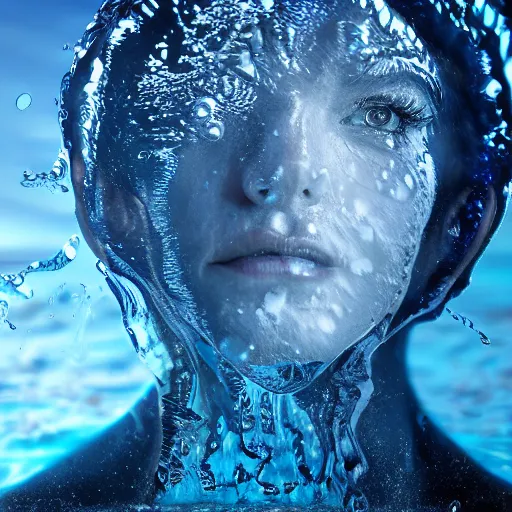 Prompt: water artwork manipulation in the shape of a human head, on the ocean water, ray tracing, realistic water sharp focus, long shot, 8 k resolution, cinematic, water art photoshop