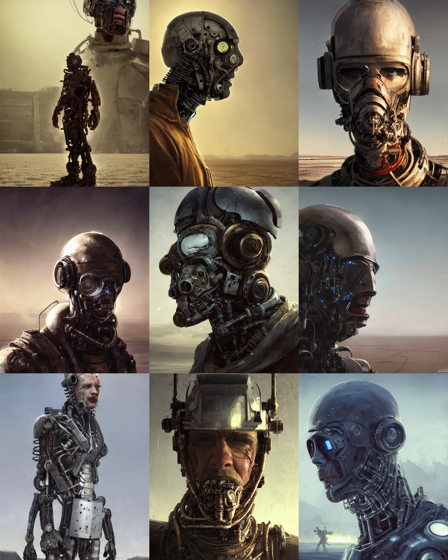 Prompt: a half - masked rugged engineer man with cybernetic enhancements lost in the salt flats, scifi character portrait by greg rutkowski, esuthio, craig mullins, 1 / 4 headshot, cinematic lighting, dystopian scifi gear, gloomy, profile picture, mechanical, half robot, implants, steampunk
