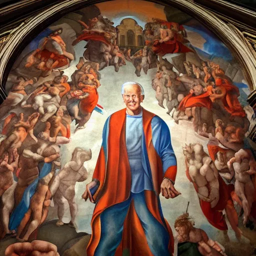 Image similar to a church mural depicting joe biden as a god, 4 k, highly detailed, painted by michelangelo