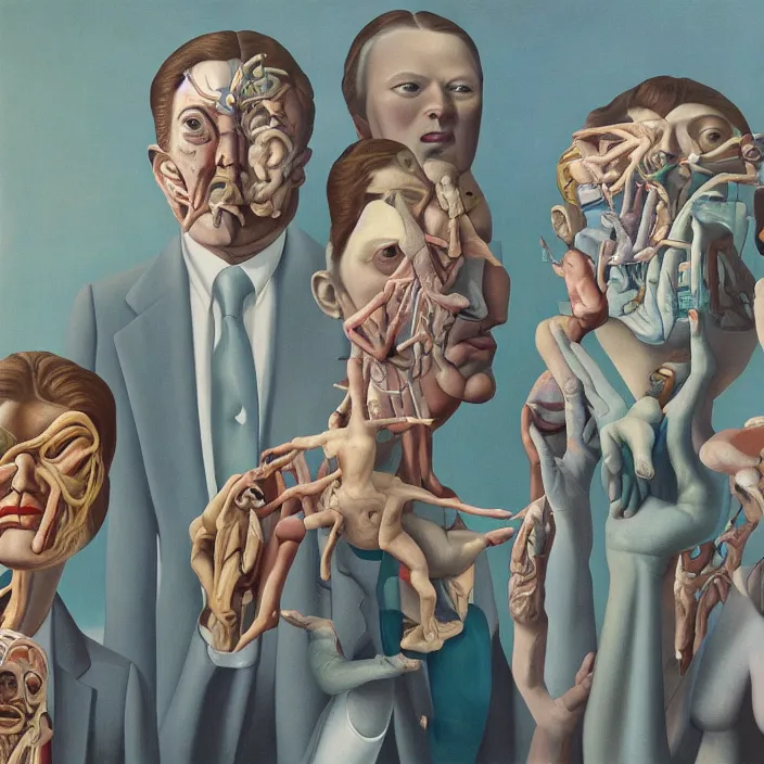 Prompt: group of people pictured in afternoon light, close - up of the faces, anatomically and proportionally correct, surrealist oil painting by james jean, dora maar and rene magritte, detailed, cgsociety,