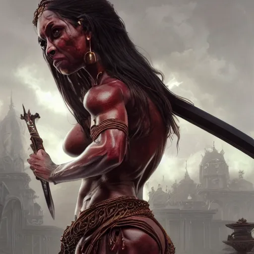 Prompt: wide painting of dark muscular oiled bengoli woman, bloody, carrying a sword, symmetric, veins, ultra realistic, concept art, intricate details, eerie, highly detailed, photorealistic, octane render, 8 k, unreal engine. art by artgerm and greg rutkowski and alphonse mucha