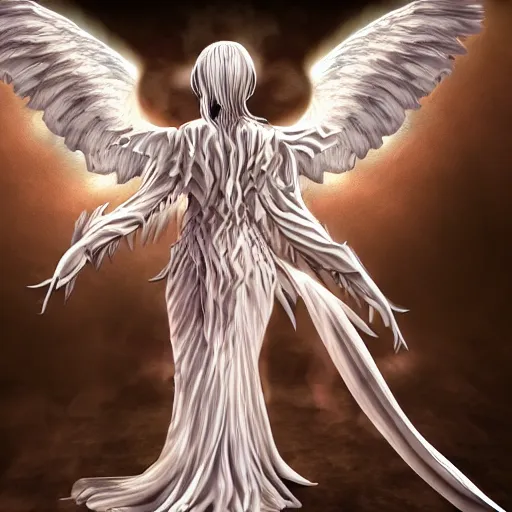 Image similar to hybrid of an angel and demon, made of flowing energy, horns, wings, villain look, trending on arstation HD