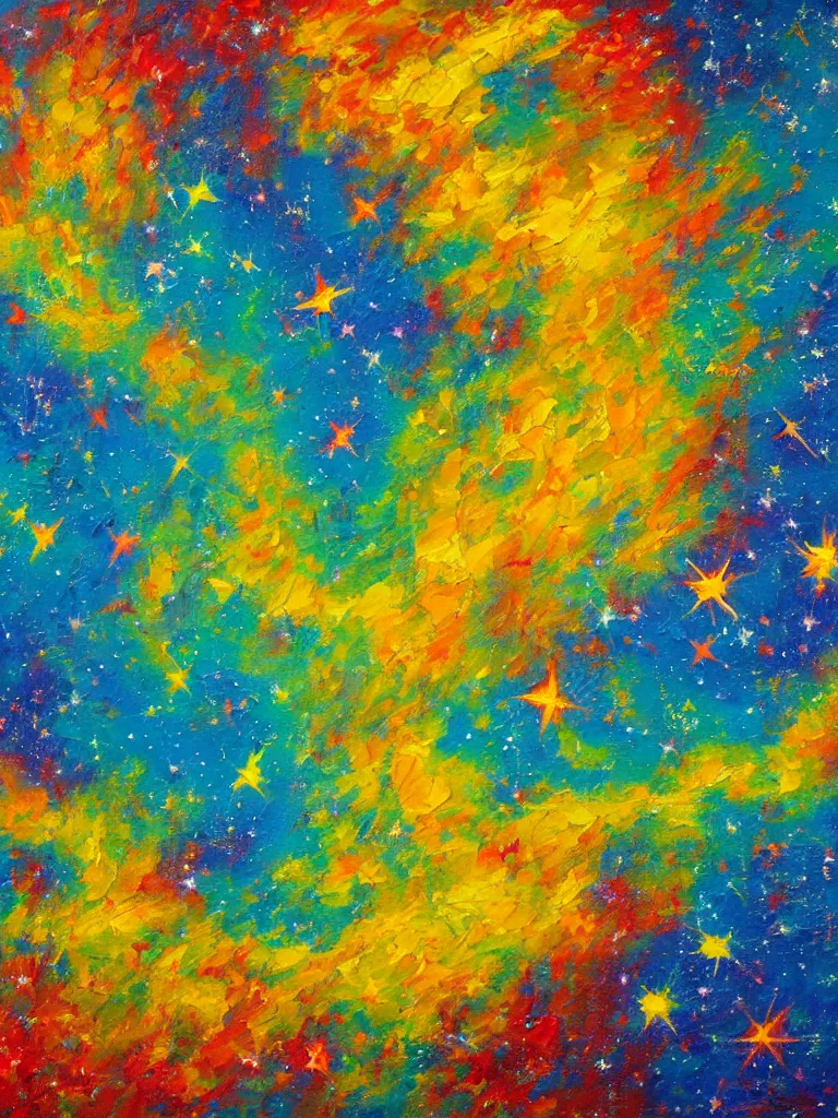 Image similar to an impasto oil painting of the universe expanting infinite with bright colors and shooting stars