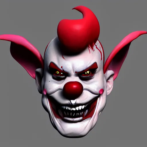 Prompt: 3d sculpt of an evil clown face with bat wings, skull, artstation, digital illustration