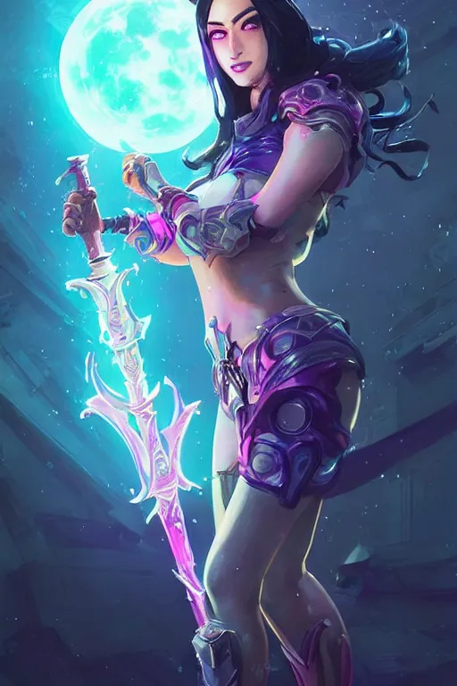 Image similar to diana from league of legends, cyberpunk futuristic neon. holding a moon sword, moon glowing in background decorated with traditional japanese ornaments by ismail inceoglu dragan bibin hans thoma greg rutkowski alexandros pyromallis nekro rene maritte illustrated, perfect face, fine details, realistic shaded, fine - face, pretty face, masterpiece