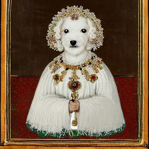 Image similar to portrait of a white poodle as an italian duchess, italo - byzantine era 9 0 0 ce