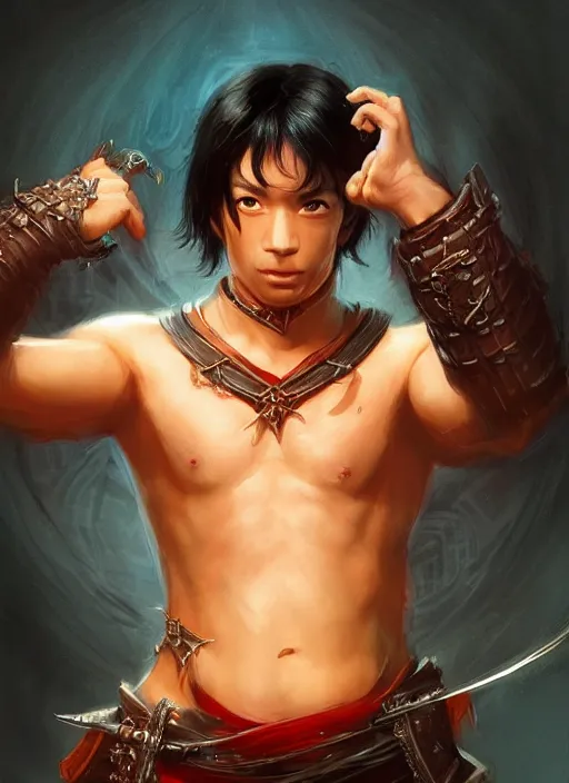 Image similar to asian with medium black hair man looks belly point of view, dndbeyond, bright, colourful, realistic, dnd character portrait, full body, pathfinder, pinterest, art by ralph horsley, dnd, rpg, lotr game design fanart by concept art, behance hd, artstation, deviantart, hdr render in unreal engine 5