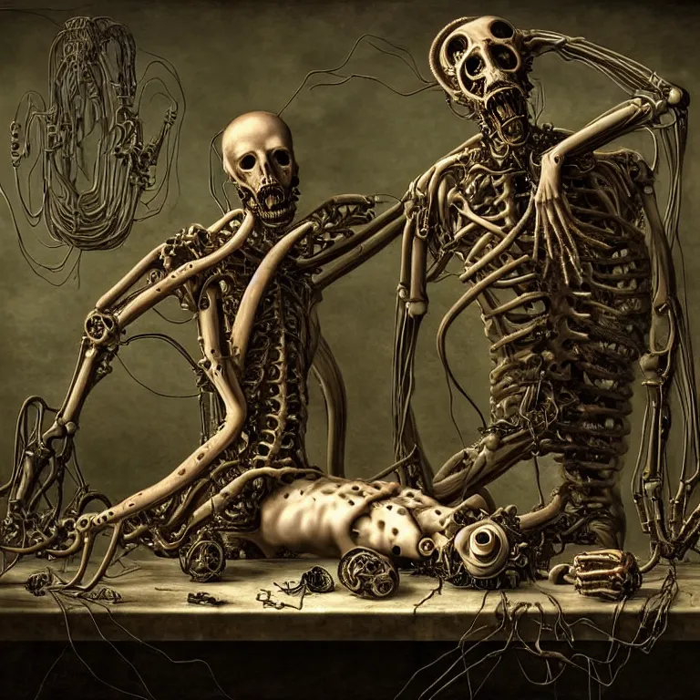 Image similar to still life of two abandoned biomechanical cyborg male lovers laying on a table, surreal alien ribbed fruit flowers, white human spine, covered with tentacles, roots, wires, tubes, baroque painting, standing in a desolate empty wasteland, creepy, nightmare, dream-like heavy atmosphere, surreal abandoned buildings, baroque painting, beautiful detailed intricate insanely detailed octane render trending on Artstation, 8K artistic photography, photorealistic, chiaroscuro, Raphael, Caravaggio, Beksinski, Giger