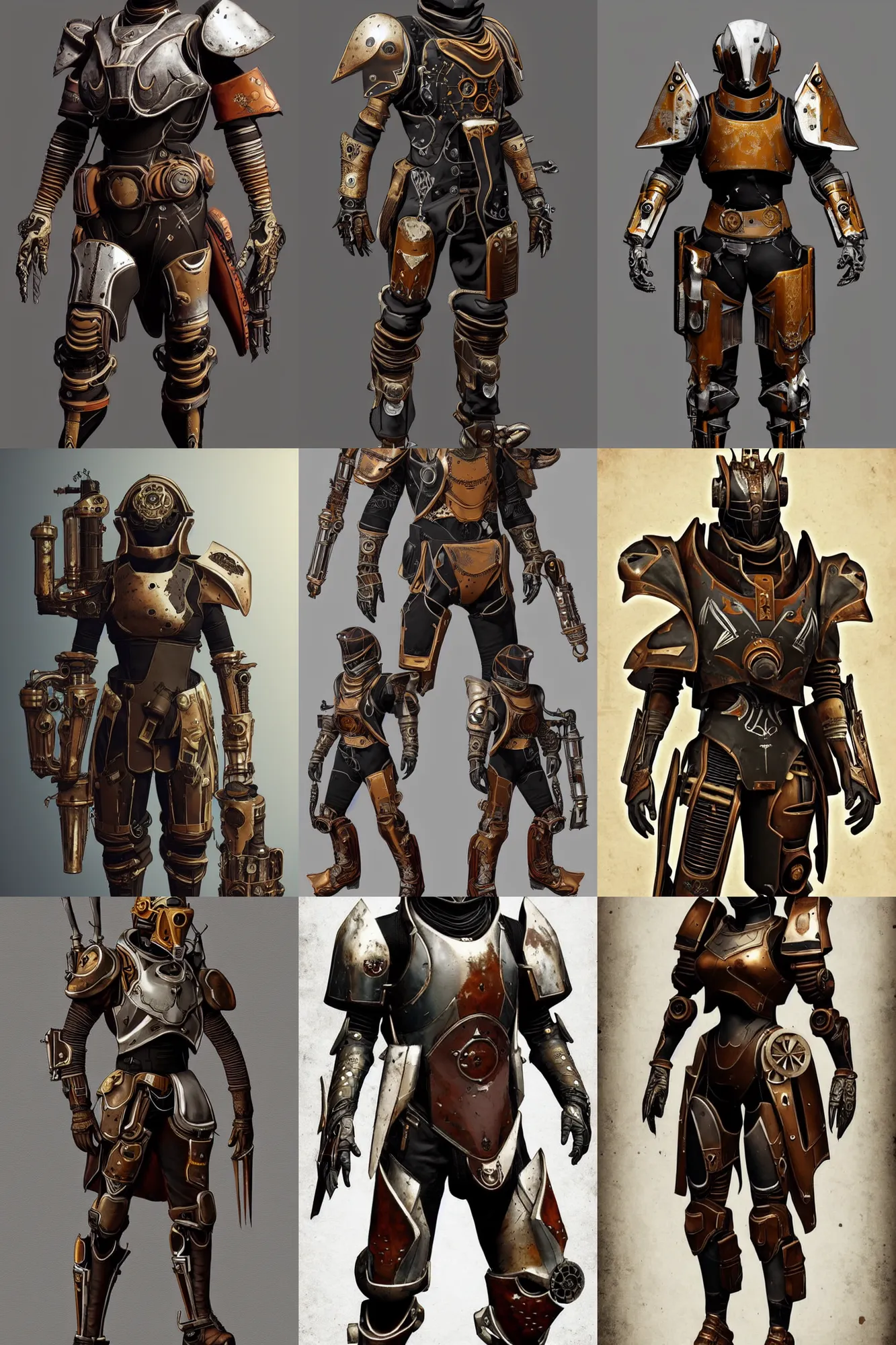 Prompt: Destiny 2 armor in the style of steampunk, rusty, intricate details, highly detailed and geometrical, full body shot Trending on artstation DeviantArt Pinterest Photorealistic HD 8k highlights and shadow detailed High Resolution