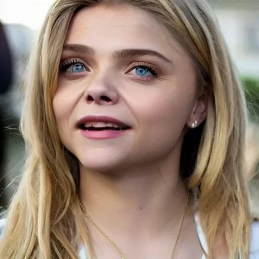 Prompt: A young woman who looks like a cross between Michelle Pfeiffer and Chloe Grace Moretz. Smiling. Flirty.