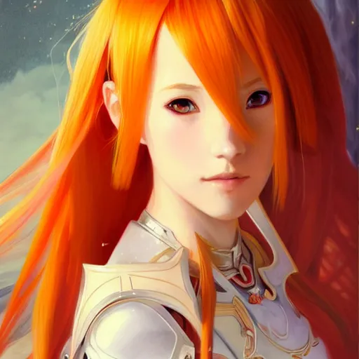 Prompt: Asuna Yuuki, Portrait of a young woman with blonde orange hair wearing a partial paladin armor with a red skirt and white top, face, fantasy, intricate, elegant, highly detailed, digital painting, artstation, concept art, smooth, sharp focus, illustration, art by Fernanda Suarez and Artem Demura and alphonse mucha