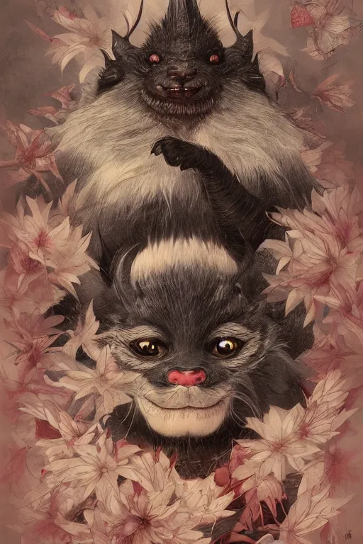 Image similar to a portrait of a cute japanese devil animal illustrated by miyazaki by karol bak, james jean, tom bagshaw, rococo, sharp focus, trending on artstation, cinematic lighting, hyper realism, octane render, 8 k, hyper detailed, vivid, ultra detailed, highly detailed