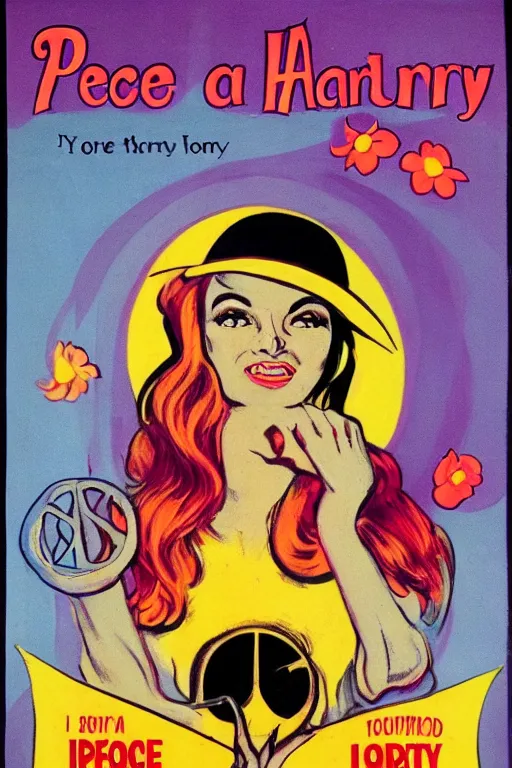 Image similar to poster for peace and love and harmony witch, 1 9 6 0 s