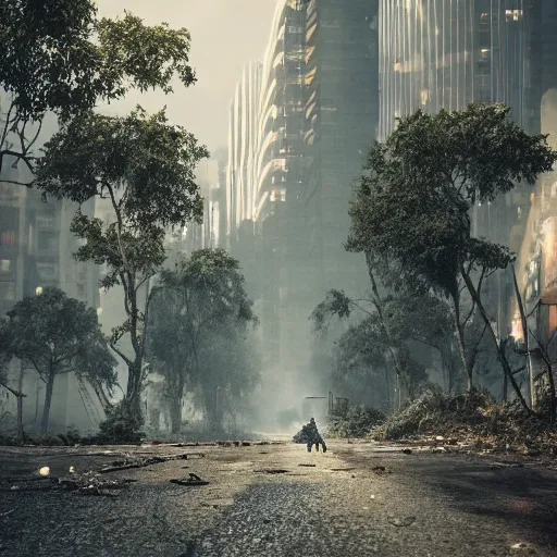 Image similar to an apocalyptic city scene, overgrown foliage, a single person standing in the road back facing the camera, hyper detailed, 4 k octane render