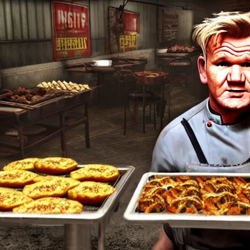 Image similar to gordon ramsay as street food vendor in fallout new vegas, very detailed, realistic, 4 k, professional photography