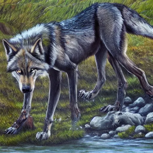 Prompt: A majestic and beautiful wild wolf out by a river with its head down taking a drink from the stream while it's ears are up and alert listening for danger with trees behind it, set in warm spring where it is sunny and windy, award winning, oil painting, 8k