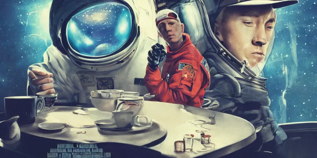 Prompt: vintage 8 - mile movie poster with eminem as an astronaut having tea while a rick roll is on the telly by makoto shinkai takashi takeuchi yoshiyuki sadamoto greg rutkowski chiho aoshima, sharp focus, trending on artstation, cinematic lighting, hyper realism, octane render, 8 k, hyper detailed.