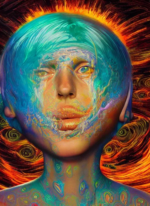 Prompt: portrait ultra dimensional cult girl shaman, accidentally tripping on dmt and acid, psychedelic experience, overwhelming psychosis of self realization and burning awakening, ultra high definition, unreal engine 5, hyperrealism, masterpiece composition, by peter kemp, casey weldon, barclay shaw