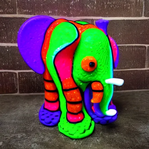 Prompt: Elephant made out of fruity pebble treats. Colorful skin, neon glow. Edible, 3d, three quarters view