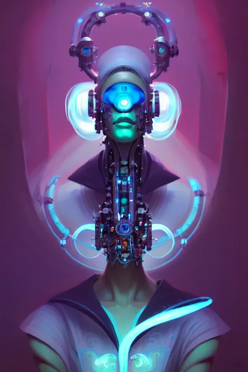 Prompt: portrait, biomechanical bioluminescent creature, cyberpunk, elegant baroque, asymmetrical art, colorful, vivid, imposing, epic, digital painting, artstation, concept art, by peter mohrbacher and wlop and rhads