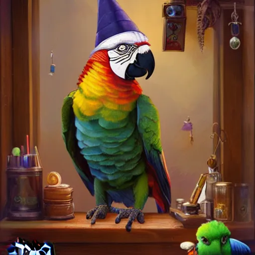 Image similar to Magic the gathering artwork of Anthropomorphized parrot trader in his shop, shelves full, selling a gem, portrait, items, magic potions, carpet, window, fancy funny hat, sly expression , cunning expression, cute expression, presenting magic gem, D&D, fantasy, cinematic lighting, highly detailed, digital painting, artstation, concept art, smooth, sharp focus, illustration, warm light, cozy warm tint, magic the gathering artwork, volumetric lighting, 8k, no gold, no gold colours, art by Akihiko Yoshida and Greg Rutkowski