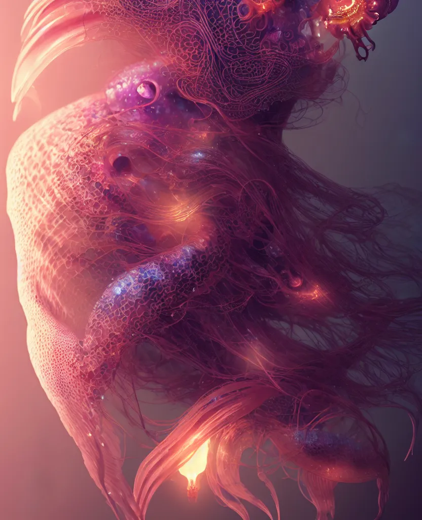 Prompt: goddess close-up portrait. jellyfish phoenix head, nautilus, orchid, skull, betta fish, bioluminiscent creatures, intricate artwork by Tooth Wu and wlop and beeple. octane render, trending on artstation, greg rutkowski very coherent symmetrical artwork. cinematic, hyper realism, high detail, octane render, 8k