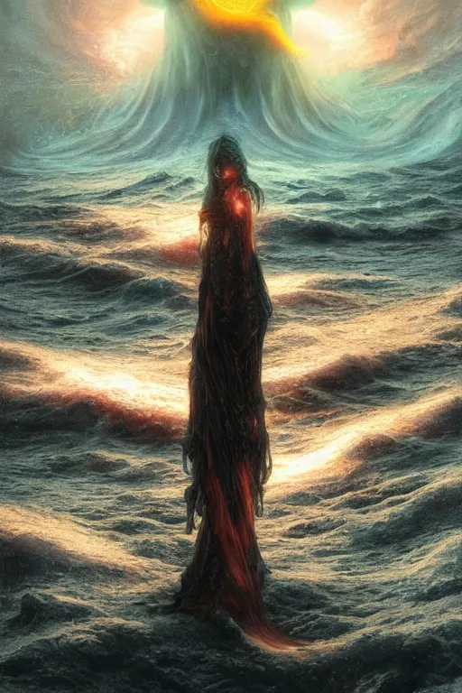 Prompt: Turbulent blood ocean suck by a black hole made of liquid fire, intricate thunder, Greg Rutkowski, ferdinand knab, concept art, art nouveau, Reylia Slaby, Peter Gric, Tom Bagshaw, global illumination, volumetric lighting, CGsociety, blood, radiant light, detailed and intricate environment